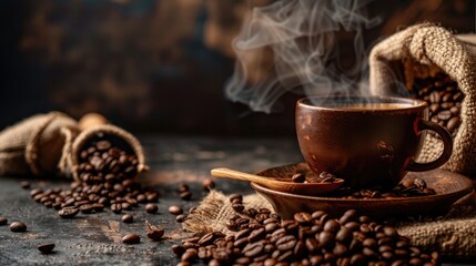 Ready to drink coffee with steam beans from sack filling cup wooden spoon with beans
