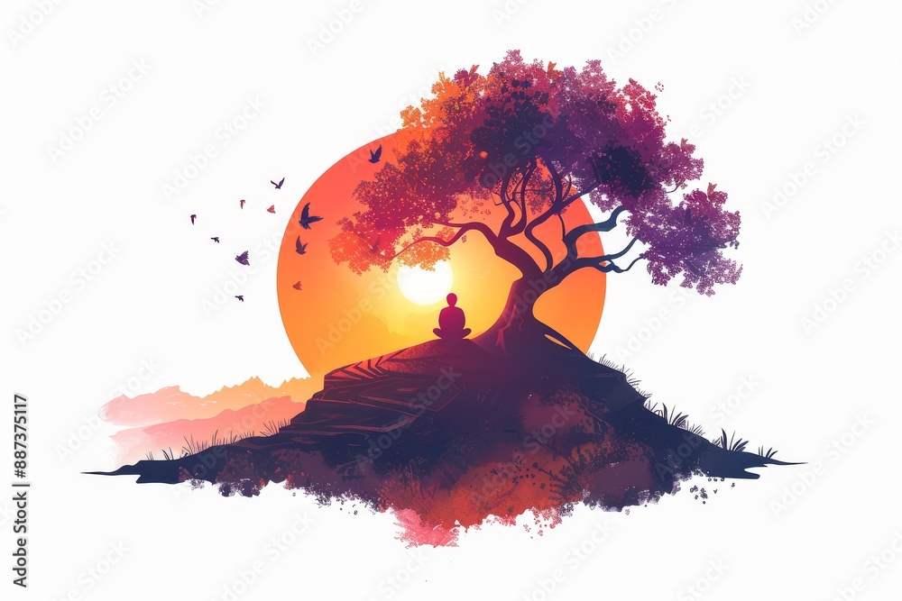 Wall mural Silhouetted tree against a vibrant, colorful sunset with a dramatic sky, capturing a serene, contemplative moment in nature, with rich, warm hues and a tranquil, peaceful ambiance.