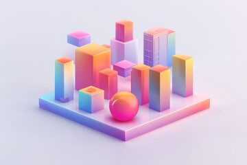 Fototapeta premium Abstract Futuristic 3D Render Minimalistic Style with Floating Geometric Shapes Isometric Design, Light Color Theme, Bright Background, and Soft Lighting
