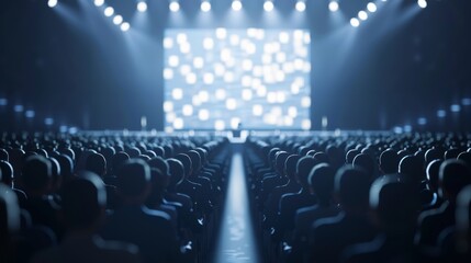 Glowing Excellence - Gaming Industry Awards Ceremony with Sleek Line Art Symbols on Large Screens, Space for Text