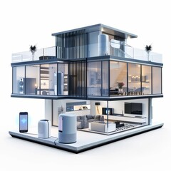 3D Render of a Futuristic Smart Home with Voice-Controlled Devices, on isolated white background, Generative AI