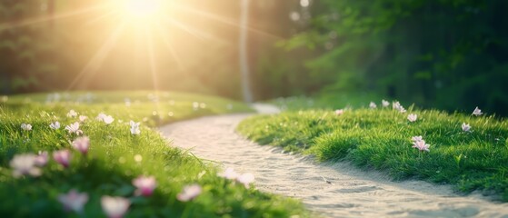 Obraz premium A winding path through a lush, flower-lined grassy expanse, bordered by trees in the backdrop