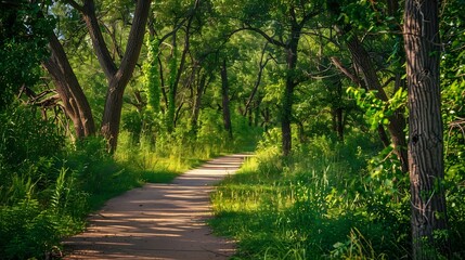 Obraz premium Sioux Falls Nature Conservation Area at Sertoma Park The Vibrant Greenway Walking Trails Summer Landscape along the Big Sioux River in South Dakota : Generative AI