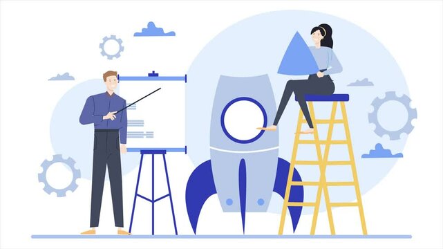 man and woman preparing new business with rocket illustration animated video
