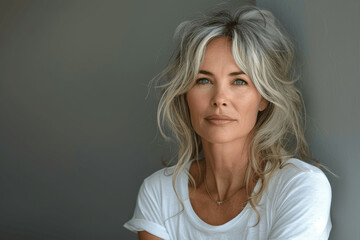 Fototapeta premium Stunning Senior Woman with Gray Hair in White T-Shirt Smiling Against Gray Background - High Resolution Professional Portrait