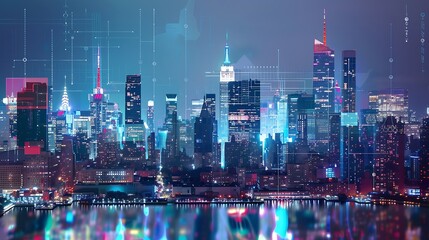 New York City skyline with vibrant holographic graphs and charts overlay Double exposure concept of future technology and business in an urban cityscape at night Double exposure : Generative AI