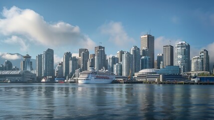 Vancouver British Columbia Canada Panoramic View of Downtown City Skyline Coal Harbour Cruise Ship and Port during a sunny day : Generative AI