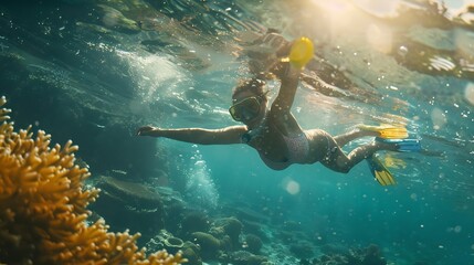 Young mother with child in snorkeling mask dive in coral reef sea lagoon to explore underwater world Family travel lifestyle in summer adventure camp Swimming activities on beach vacat : Generative AI
