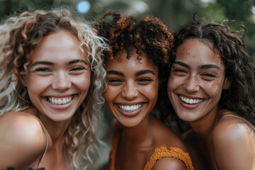 Fototapeta premium Joyful Friends Hugging and Laughing Outdoors, Celebrating Diverse and Multi-Ethnic Friendship