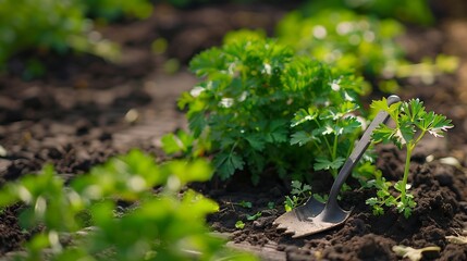 Obraz premium parsley seedlings in veggie garden in spring with shovel and label tag Raised veggie garden beds : Generative AI