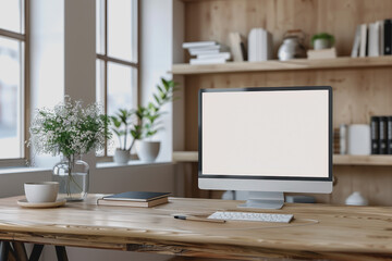 Contemporary home workspace with blank computer screen, shelves with books, natural light
