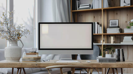 Contemporary home workspace with blank computer screen, shelves with books, natural light
