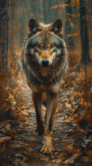 Obraz premium Majestic Lone Wolf Traversing a Forest Path at Dusk, Exuding Untamed Wilderness and Raw Power Perfect for Nature Themes and Wildlife Illustrations