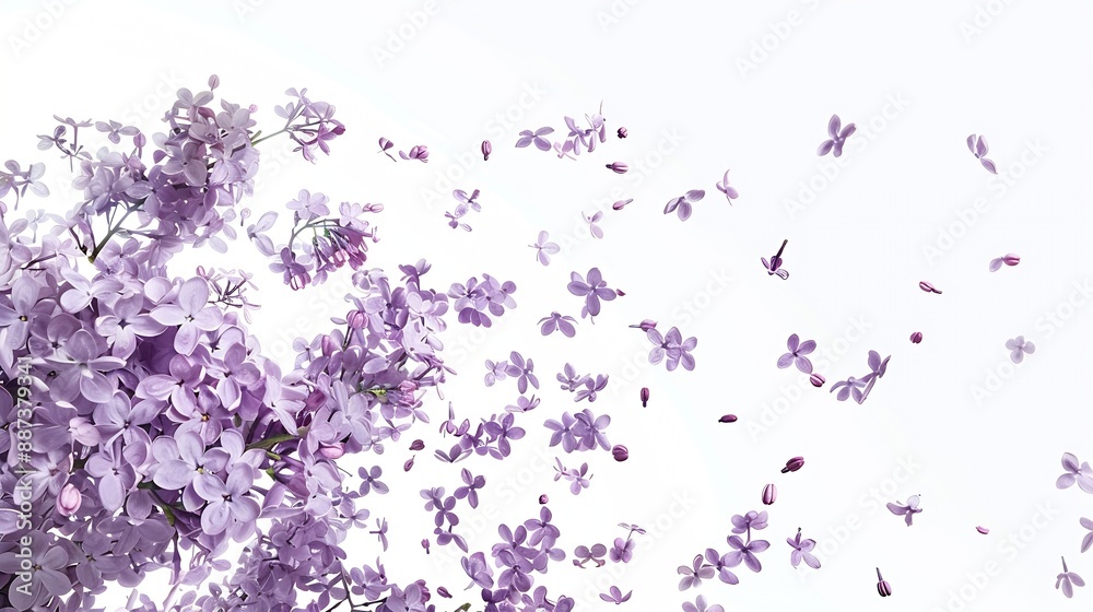 Poster Fresh lilac blossom beautiful purple flowers falling in the air isolated on white background Zero gravity or levitation spring flowers conception high resolution image : Generative AI