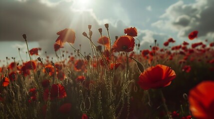 Obraz premium Beautiful blooming red poppy flowers in field on sunny day against cloudy sky Field of poppy flowers during spring : Generative AI