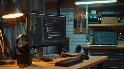 Horizontal image of workplace with computer with codes on the screen standing on table in garage : Generative AI