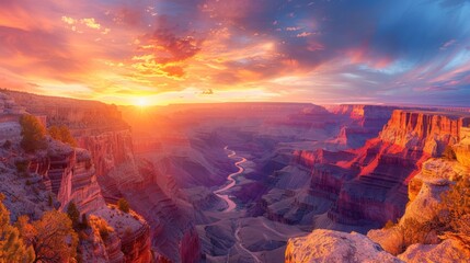 Fototapeta premium A dramatic overlook of the Grand Canyon at sunrise, with the rocks glowing in warm hues. Add a telescope for an interactive element 