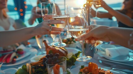 Festive banquet on board the ship Close up of table with delicious food Young smiling women raise toast with glasses of wine or cocktails Fun bachelorette party on boat Lunch during se : Generative AI
