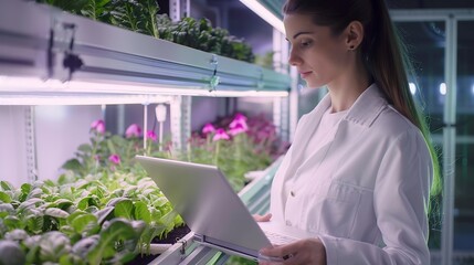 Young woman scientist holding laptop computer analyzes and studies research in organic hydroponic vegetables plots growing on indoor vertical farm : Generative AI