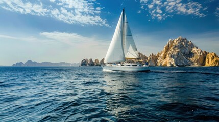 Obraz premium Luxury sailboat sailing on calm blue ocean water near rocky coast. Concept of vacation, travel, adventure, and seascape