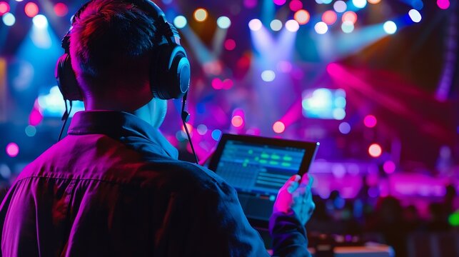 Music Festival Organizer Wearing a Headset Holding a Pc Tablet Confident public relations specialist hosting a concert event : Generative AI