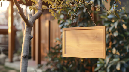Light wooden nameplate hanging on a tree branch in front of the house, Ai Generated Images