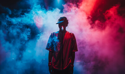 Fototapeta premium Hip Hop Rap Artist Live Performance on Stage with Colorful Pink and Blue Smoke at Night Concert, Captivating Atmosphere