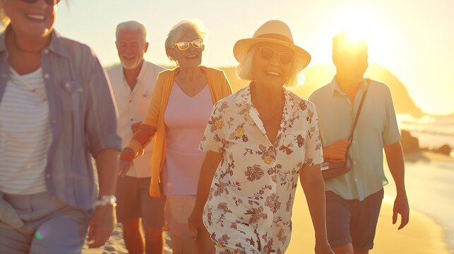 Happy multiracial senior friends having fun walking on the beach at sunset during summer holidays  Diverse elderly people enjoying vacations : Generative AI