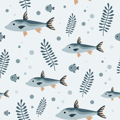 Fish seamless pattern in flat style. Sea digital paper. Ocean scrapbooking paper, background, print. Hand drawn vector pattern