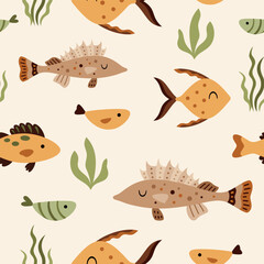 Fish seamless pattern in flat style. Sea digital paper. Ocean scrapbooking paper, background, print. Hand drawn vector pattern
