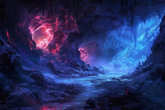Glowing Cavern with River and Crystals - Powered by Adobe