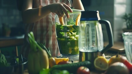 Young girl making green detox cocktail of fresh vegetables and fruits using blender in the kitchen Healthy eating habits Diet and vegetarianism for loosing weight and keep body fit : Generative AI