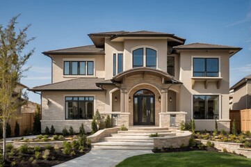 Fototapeta premium Modern two-story house with stone facade large windows and double front door