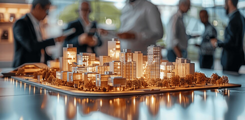 Modern city architectural model on table with business professionals analyzing new real estate development project