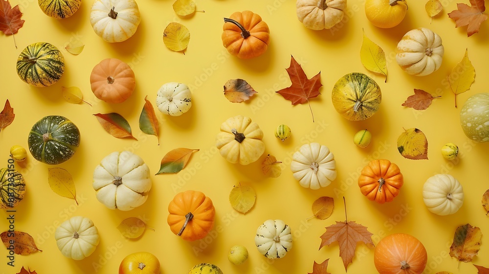Poster overhead shot of various pumpkins and autumn leaves arranged on a vibrant yellow backdrop perfect fo