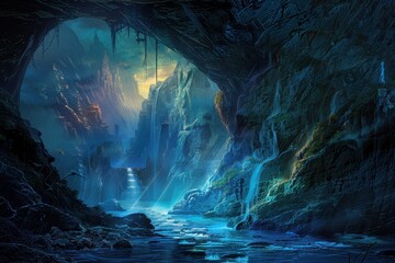 Obraz premium Bioluminescent cavern with waterfalls and ruins