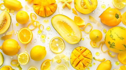 Creative layout made of yellow melon lemon mango yellow bell pepper plum starfruit on the white background with watercolor spots Flat lay Macro concept of yellow vegetables and fruits : Generative AI