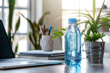 Water Bottle on Desk Next to Laptop in Office