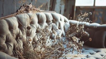 Vintage sofa decorated with dry flowers and plants at loft apartment : Generative AI