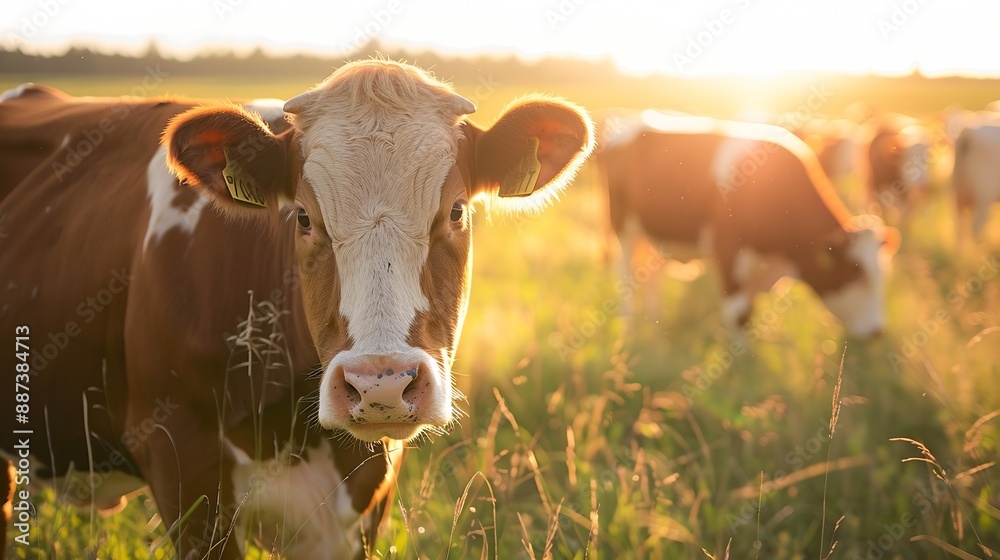 Poster closeup of a herd of hereford cattle grazing in a saskatchewan pasture : generative ai