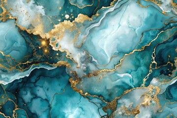 Luxurious abstract texture featuring blue ombre marble background with gold watercolor splashes, gray and white accents, and dark green undertones evoking opulence and sophistication.
