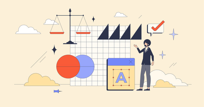 Graphic design principles for style tiny person neubrutalism concept. Effective brand visual communication methods with color contrast, repetition, balance and alignment usage vector illustration.