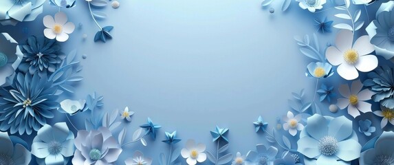Serene Elegance: Blue Pastel 3D Paper Art Background with Floral Border