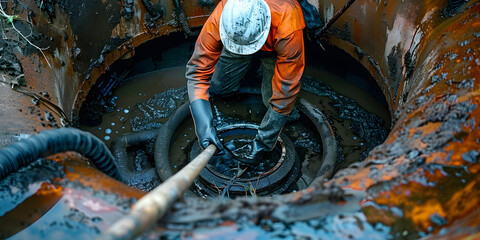 Man cleaning septic tank for sewage removal service. Concept Septic tank cleaning, Sewage removal, Septic system maintenance, Waste disposal, Drain cleaning,