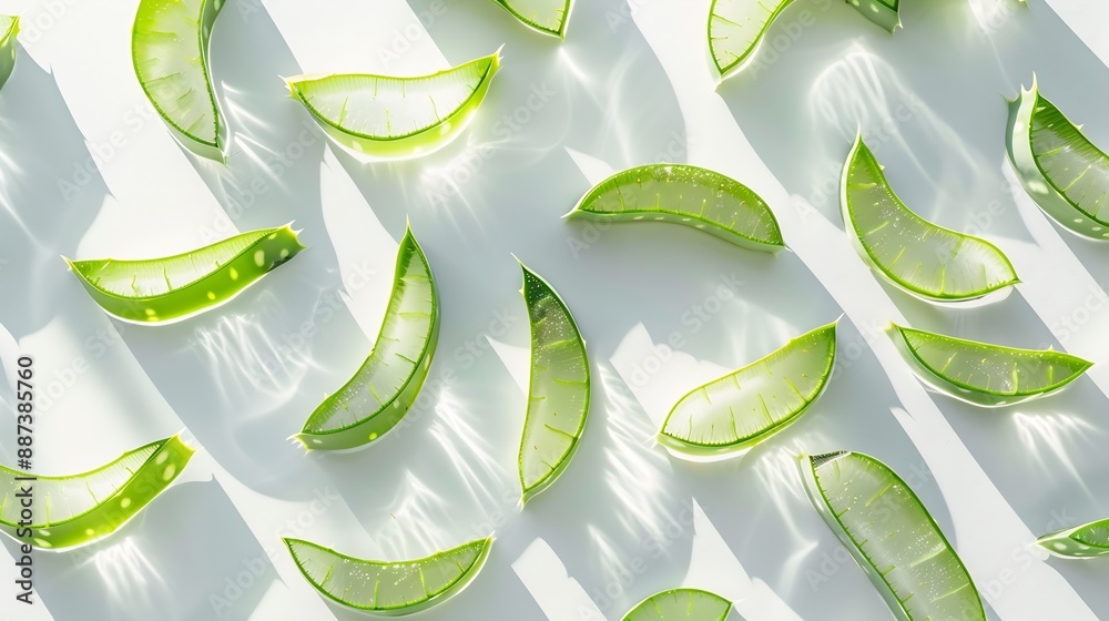 Poster Flat lay Top view of Aloe vera sliced isolated on white background : Generative AI