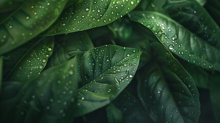 Fototapeta premium Vibrant green leaves glisten with dewdrops in closeup view revealing intricate veins and natural beauty This botanical snapshot captures the essence of fresh foliage evoking ecofriendl : Generative AI