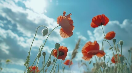 Obraz premium Beautiful blooming red poppy flowers in field on sunny day against cloudy sky Field of poppy flowers during spring : Generative AI