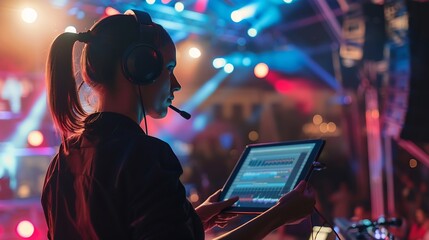 Music Festival Organizer Wearing a Headset Holding a Pc Tablet Confident public relations specialist hosting a concert event : Generative AI