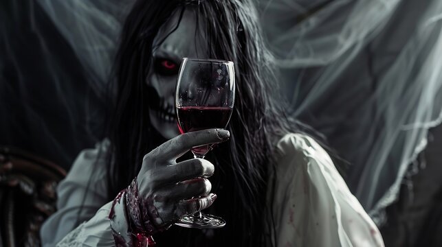 Red wine glass in hand of beautiful black long hair woman white ghost spooky costume in dark background scary dead corpse female holds glass with scary hand reaching out to celebrate H : Generative AI