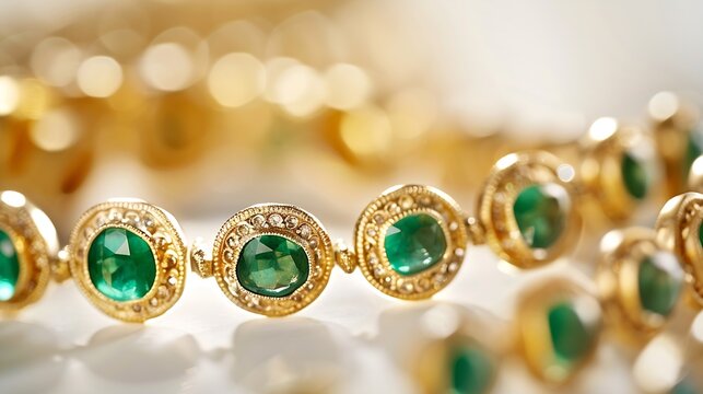 Massive gold and emerald green gemstones bracelets on white background old vintage jewelry concept promotional photo for an online jewelry store : Generative AI